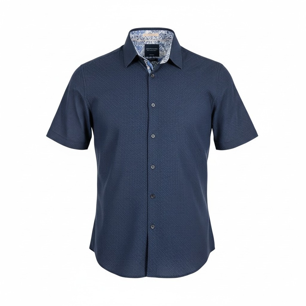 Denim & Flower Mens Ricky Singh Navy Micro Dot Short Sleeve Slim Fit Shirt M